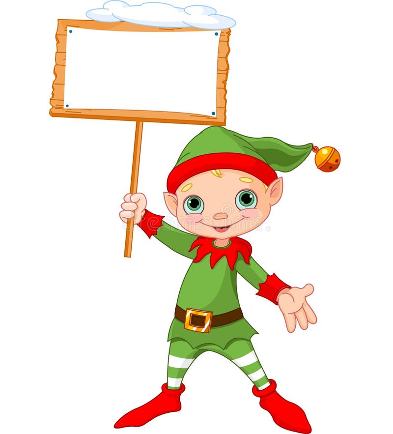 Cute Christmas Elf holding empty wooden sign. Cute Christmas Elf holding empty wooden sign