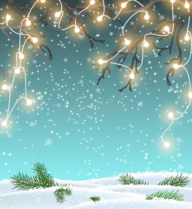 Natale fondo, paesaggio con le luci decorative elettriche, illustrazione di inverno illustrazione di stock Natale fondo, paesaggio con le luci decorative elettriche, illustrazione di inverno illustrazione di stock