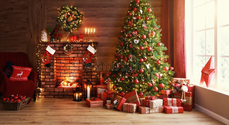 Natale interno albero luminoso magico, camino, regali