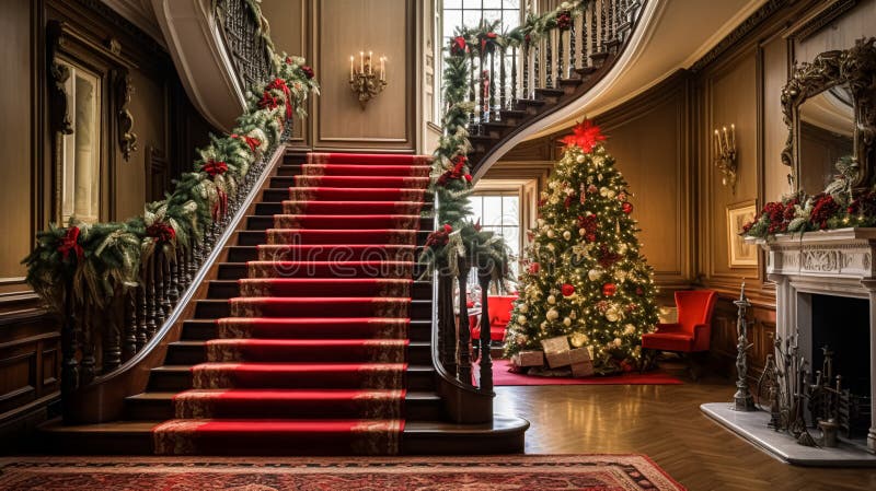 Natale presso la sala d'ingresso principale con scale e alberi di natale decorazione nazionale inglese e fotografie stock