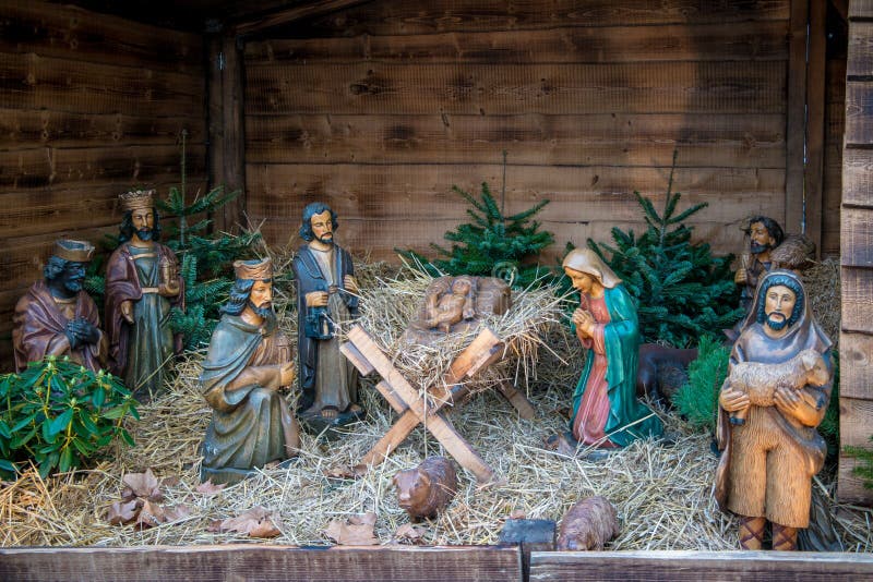 Christmas nativity scene big figurines in daily light. Christmas nativity scene big figurines in daily light