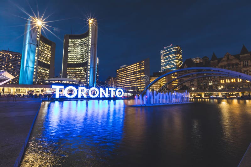 Nathan Phillips square in Toronto at night