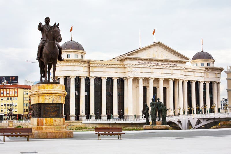 National archaeological museum and Gotse Delchev statue in the center of Skopje, Macedonia stock image National archaeological museum and Gotse Delchev statue in the center of Skopje, Macedonia stock image