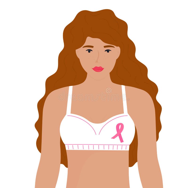 National Breast Cancer Awareness Month. a Girl with Red Curly Hair in a Bra  with a Pink Ribbon. Stock Illustration - Illustration of banner, chest:  161152812