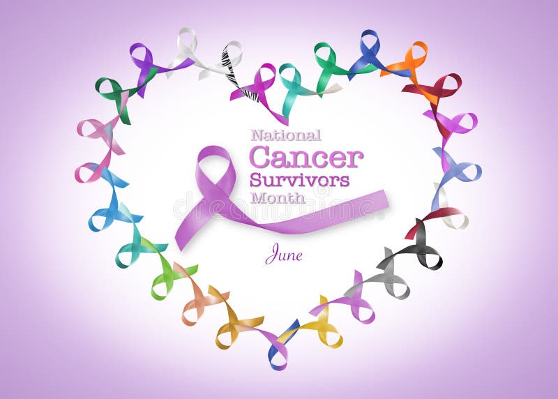 National cancer survivor month, June with heart shape cycle of multi-color and lavender purple ribbons vector illustration