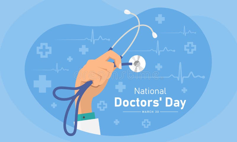 National doctor`s day with Doctor Hand Holding Stethoscope on blue heart wave and plus cross sign texture background vector desig