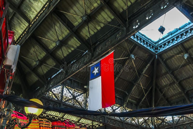 National Flag Of Chile Hangs On The Ceiling Of Market In Santiago Stock
