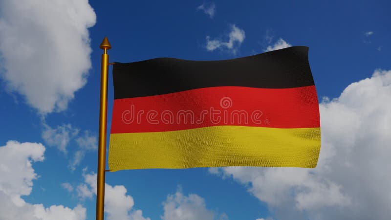 National Flag Of Germany Waving 3d Render With Flagpole And Blue Sky