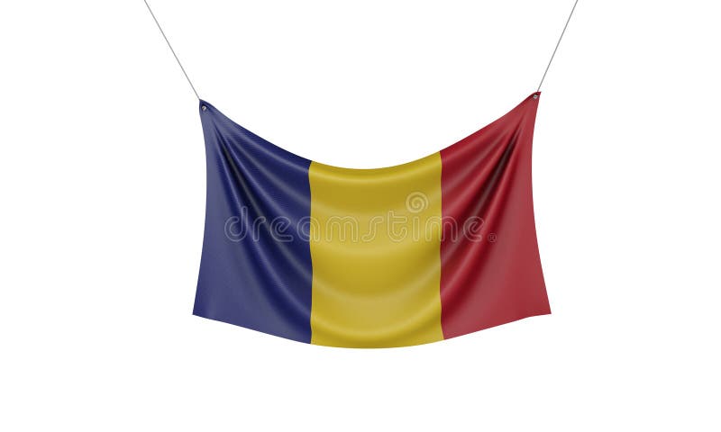 Romania National Flag Hanging Fabric Banner. 3D Rendering Stock ...