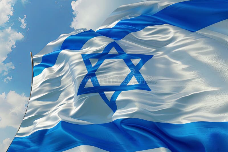 The national flag of Israel is waving in the wind, showcasing its white and blue colors and the Star of David