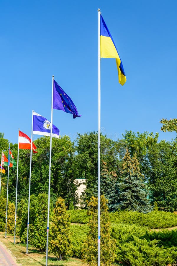 National flags of the different countries in city park of Myrhorod, Ukraine