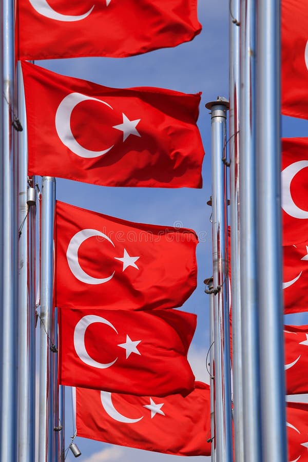 The National Flags of Turkey Against the Blue Sky Stock Image Image