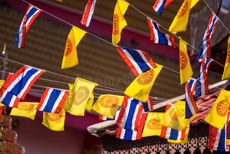 National Flags and Wheel of Dhamma S Flags on String Stock Image