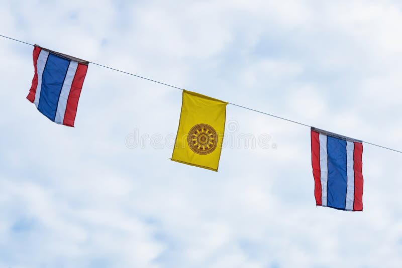 National Flags and Wheel of Dhamma S Flags on String Stock Photo