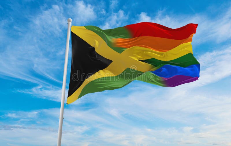 National Lgbt Flag Of Jamaica Flag Waving In The Wind At Cloudy Sky Freedom And Love Concept