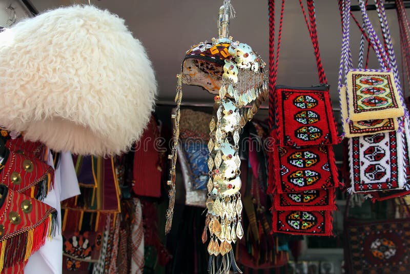 National men`s and women`s head dress. Handmade decorative bags