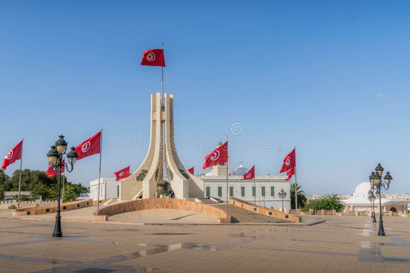 The National Monument of the Kasbah, iconic Tunisia landmark with Tunisian flags, located at Kasbah Square in Tunis downtown, next to the Town Hall. The National Monument of the Kasbah, iconic Tunisia landmark with Tunisian flags, located at Kasbah Square in Tunis downtown, next to the Town Hall.