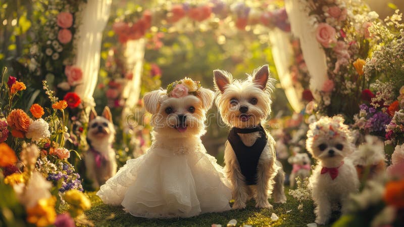 Nationale Hochzeitswoche bezaubernd Hochzeitszene mit bezaubernden Hunden als Braut und Bräutigam in einem Blumengarten vektor abbildung