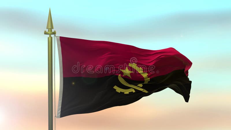 Nationsflagga av Angola som vinkar i vinden mot ultrarapiden för solnedgånghimmelbakgrund