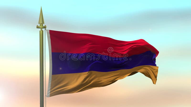 Nationsflagga av Armenien som vinkar i vinden mot ultrarapiden för solnedgånghimmelbakgrund