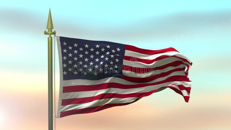 Nationsflagga av USA som vinkar i vinden mot ultrarapiden för solnedgånghimmelbakgrund