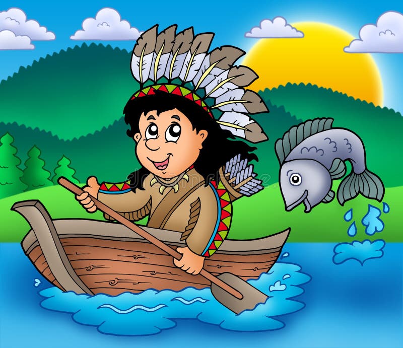 Native American Indian in boat stock illustration