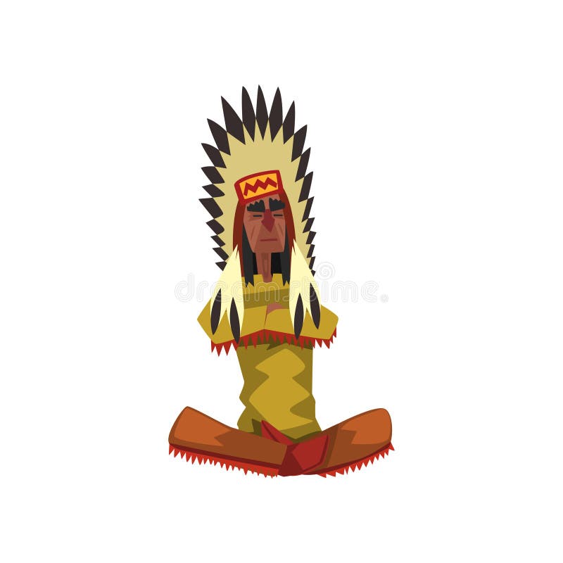 Native American Indian chief in traditional clothing sitting in lotus position vector Illustration on a white background vector illustration Native American Indian chief in traditional clothing sitting in lotus position vector Illustration on a white background vector illustration