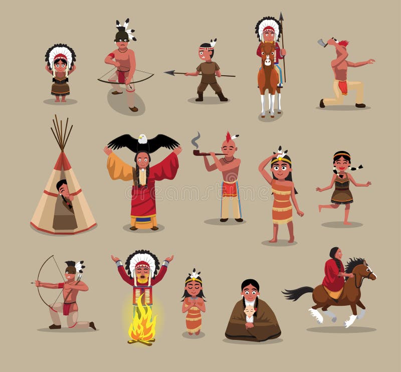 Native American People Poses Cartoon Vector Illustration Stock Vector