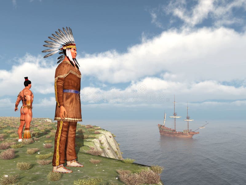 Computer generated 3D illustration with Native Americans and the Mayflower. Mayflower ship illustrations
