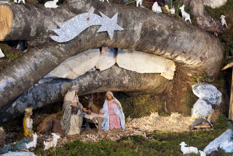 Nativity. Scene: the cave with the baby Jesus, Mary and Joseph royalty free stock photos