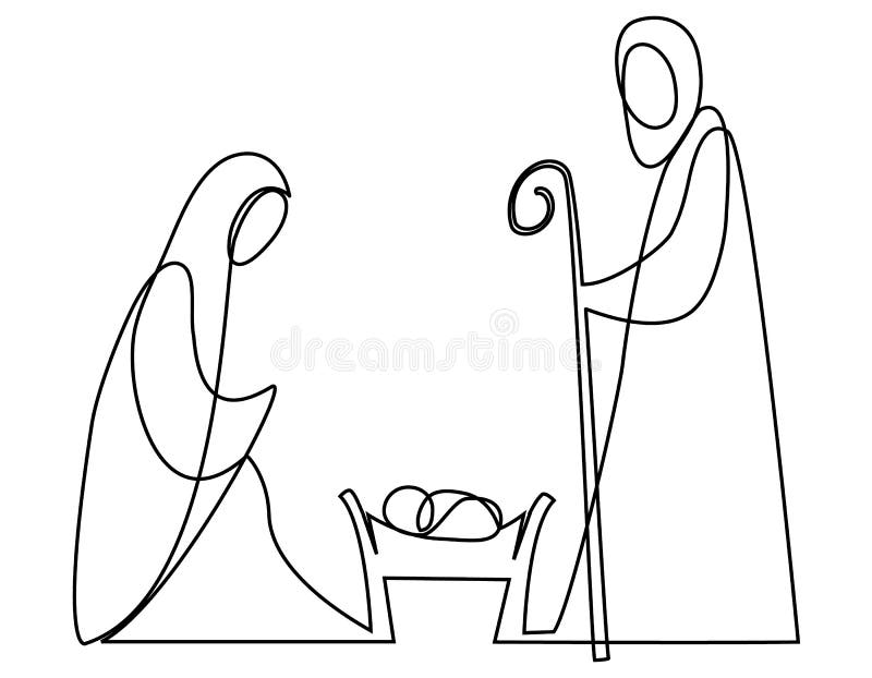 Nativity scene with Holy Family one line drawing