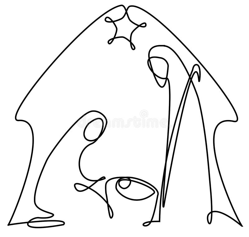 Nativity scene with Holy Family one line drawing