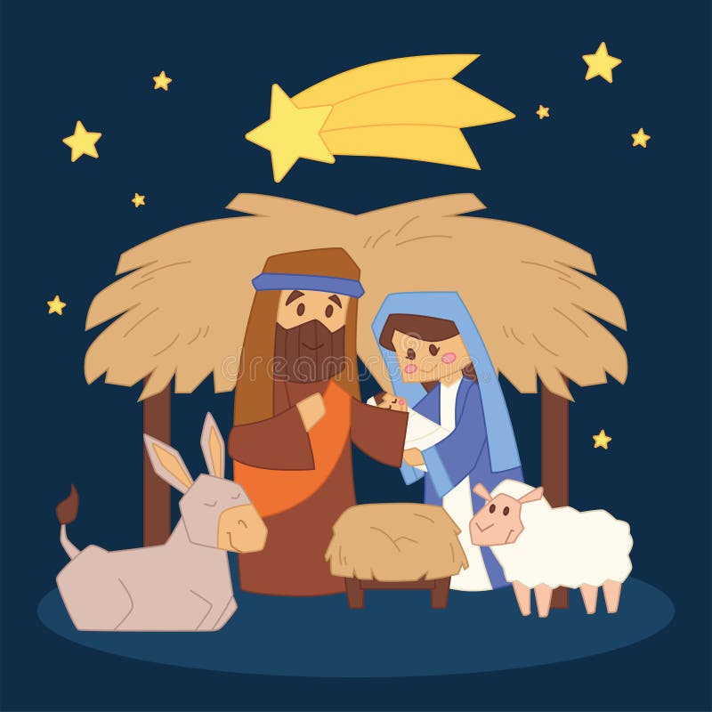 Nativity Scene Cartoon in the Night Child Jesus Joseph and Mary Vector ...