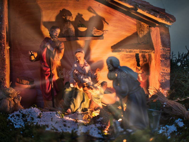 Nativity scene Jesus kid statue close up manger