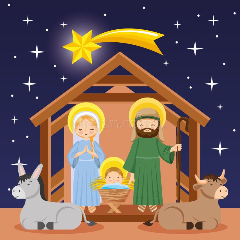 Nativity Scene Cartoon in the Night Stock Vector - Illustration of mary ...