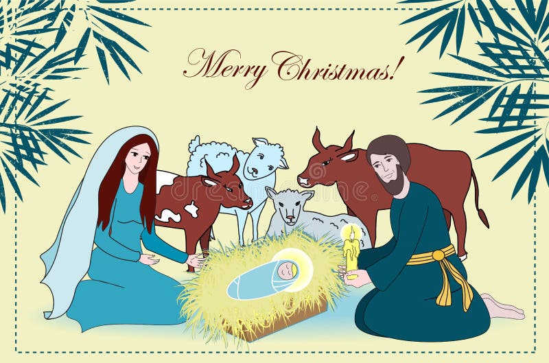 Nativity scene with saint family and animals. Cartoon vector royalty free illustration Nativity scene with saint family and animals. Cartoon vector royalty free illustration
