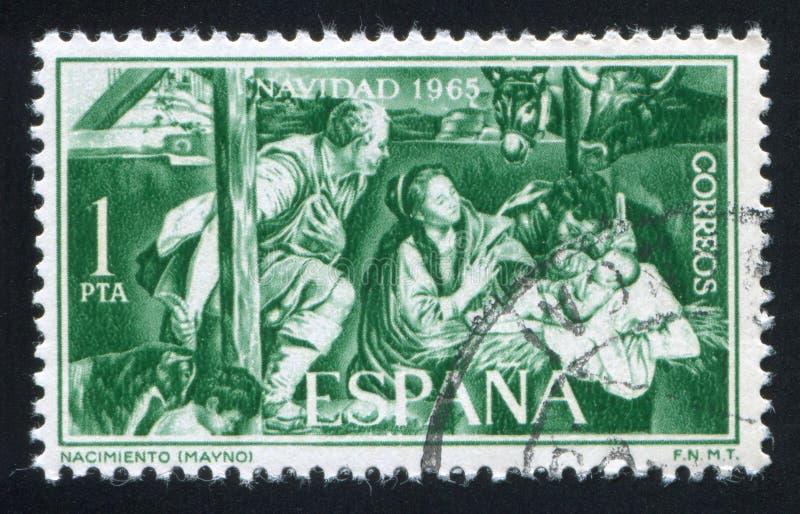 SPAIN - CIRCA 1965: stamp printed by Spain, shows Nativity by Mayno, circa 1965. SPAIN - CIRCA 1965: stamp printed by Spain, shows Nativity by Mayno, circa 1965