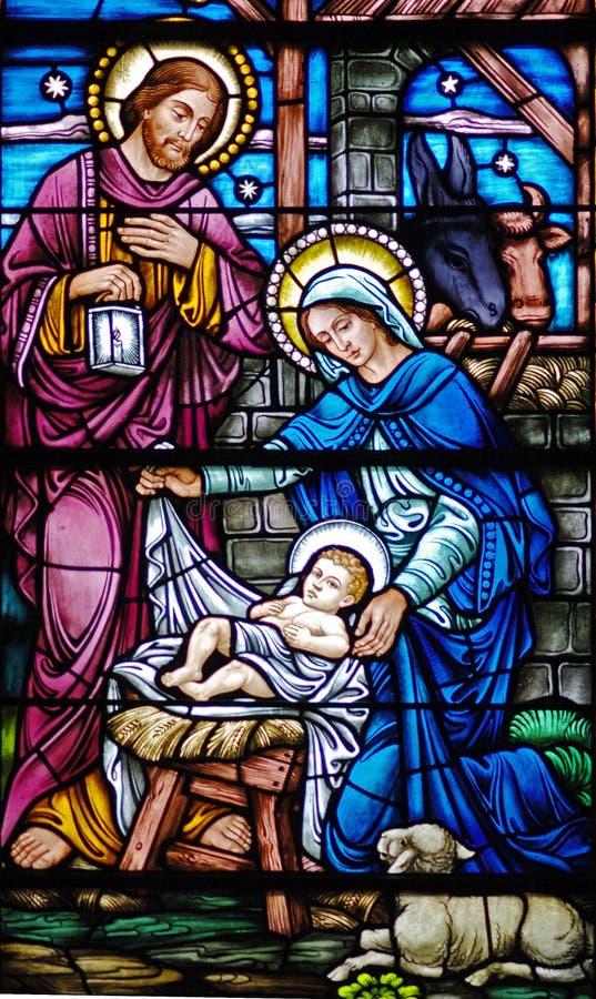 Stained glass window, in 19th century ( built 1875 - 1899) church, of baby Jesus, Mary, and Joseph in the manger with the animals. Date of work is outside of an rights dates. Stained glass window, in 19th century ( built 1875 - 1899) church, of baby Jesus, Mary, and Joseph in the manger with the animals. Date of work is outside of an rights dates.