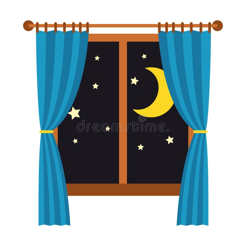 Natt ut fönstret med blåttgardiner som isoleras på vit bakgrund Sova och vila vektor illustrationer Natt ut fönstret med blåttgardiner som isoleras på vit bakgrund Sova och vila vektor illustrationer