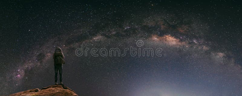 Night sky full of stars and milky way, with traveller with backpack enjoying beautiful sky at night. Night sky full of stars and milky way, with traveller with backpack enjoying beautiful sky at night