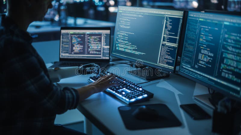 Nattkontor : programmerare med funktionsnedsättning som använder protesarm för att arbeta med datortangentbord. snabb royaltyfria bilder