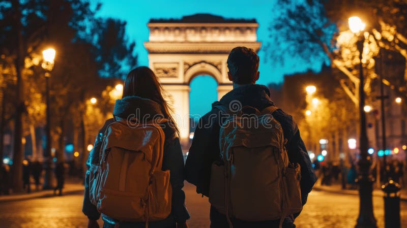Nattlig cityscape triomphe bakgrundsscen vektor illustrationer