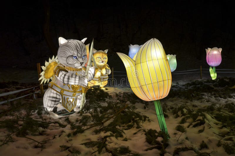 Nattscen med ljusa figurer av två söta katter i samurai-kläder som står bland stora rosa glowing tulips arkivfoto