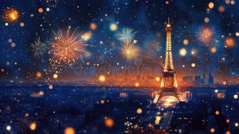 Natttids-cityscape, eiffel point sky-fyrverkerier stock illustrationer