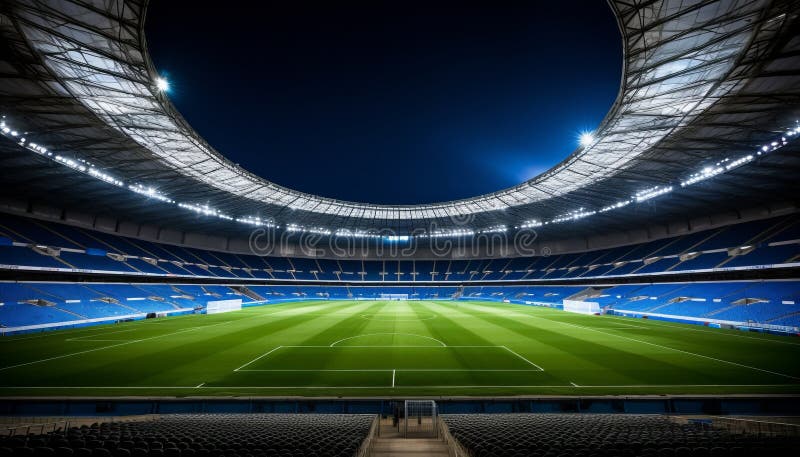 Nattutsikt av en tom fotbollsstadion med ett på ett beundransvärt sätt belyst professionellt fält. royaltyfri illustrationer