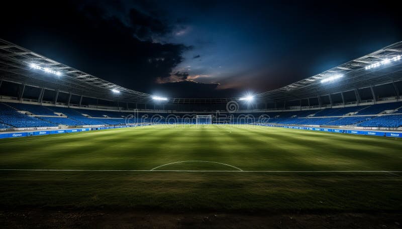 Nattvy av tom fotbollsstadion med fängslande belyst professionellt fält stock illustrationer