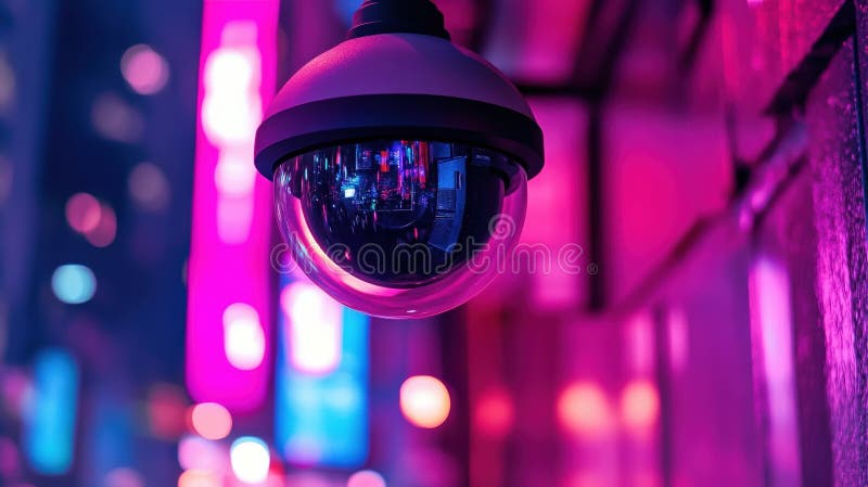 Nattövervakning, domkamera i vibrerande neoncitysage med reflektioner vektor illustrationer