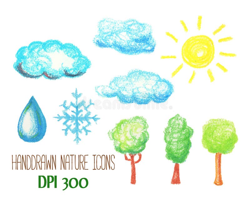 Natur- und Wetterikonen durch Pastell Wolke, Sonne, Baum, Schneeflocke und Wasser lässt handdrawn Illustration fallen stock abbildung Natur- und Wetterikonen durch Pastell Wolke, Sonne, Baum, Schneeflocke und Wasser lässt handdrawn Illustration fallen stock abbildung