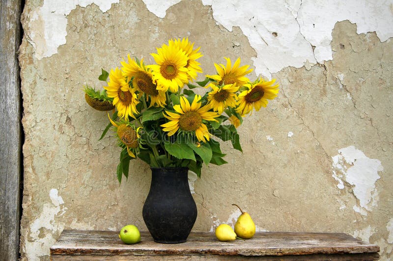 Natura morta con i girasoli e le pere immagine stock libera da diritti Natura morta con i girasoli e le pere immagine stock libera da diritti