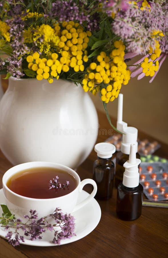 Natura morta dalle erbe medicinali, tisana e immagine stock Natura morta dalle erbe medicinali, tisana e immagine stock